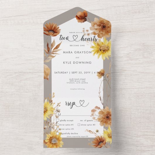 秋の素朴ひまわりトープ&ホワイトディナー オールインワン招待状 (内側)