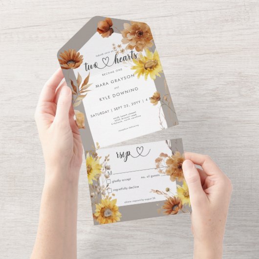 秋の素朴ひまわりトープ&ホワイトNo Dinner オールインワン招待状 (貼ってはがせる)