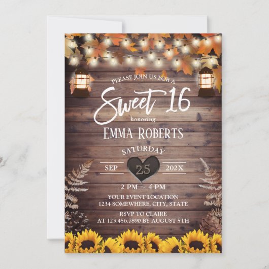 秋の素朴ひまわりヴィンテージランタンスウィート16 招待状 (正面)