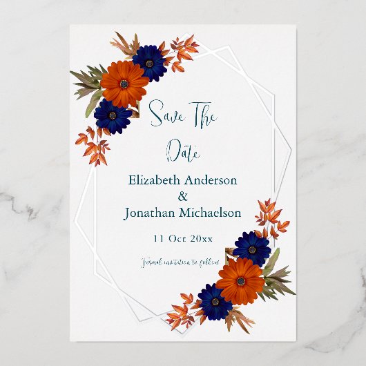 秋の素朴オレンジ色のネイビーブルー日付を保存 箔招待状 (正面)