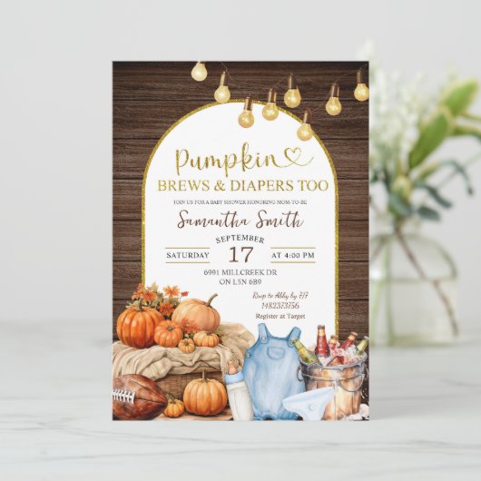 秋の素朴カボチャのパン&おむつ赤ちゃんシャワー 招待状 (スタンド正面)