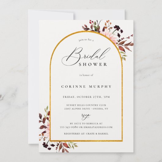 秋の素朴ゴールデンフレームブライダルシャワー 招待状 (正面)