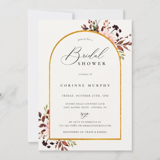 秋の素朴ゴールデンフレームブライダルシャワー 招待状 (正面)
