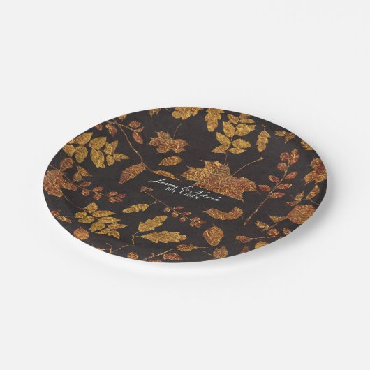 秋の素朴ゴールデン葉のエレガントな結婚式 ペーパープレート (アングル)