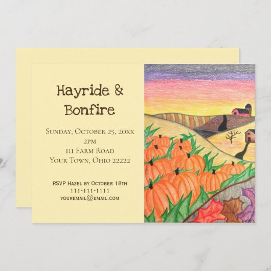 秋の素朴フォークアートハイライドボンファイアパーティー 招待状 (正面/裏面)