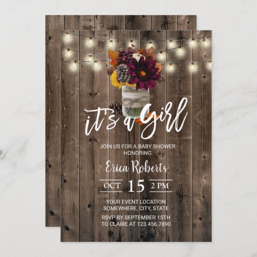 秋の素朴フローラジャールバーンガールベビーシャワー 招待状 (正面/裏面)