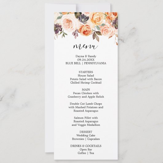 秋の素朴フローラディナエレガントーメニューカード 招待状 (正面)