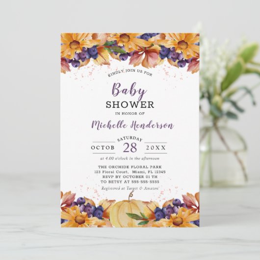 秋の素朴フローラパープルベビーシャワー招待状 招待状 (スタンド正面)