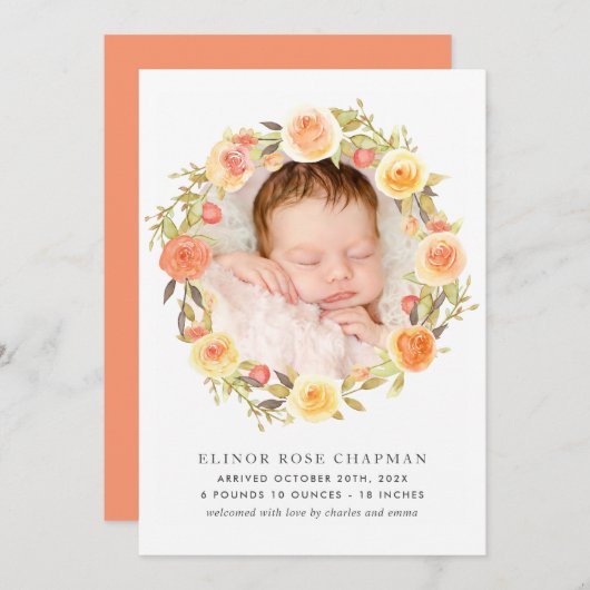 秋の素朴フローラベビー写真誕生 案内状 (正面/裏面)