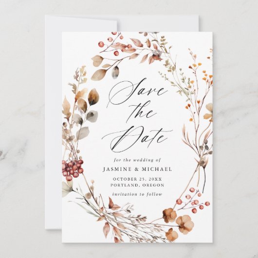 秋の素朴フローラリース結婚写真 セーブザデート (正面)