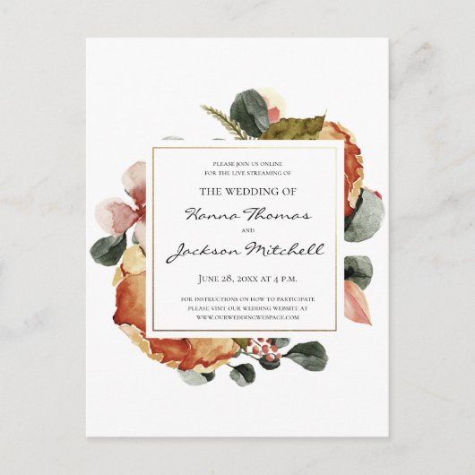 秋の素朴フローラ水彩結婚式招待状 案内ポストカード (正面)