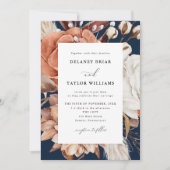 秋の素朴フローラ、ネイビーブルー結婚ズ 招待状 (正面)