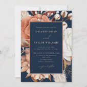 秋の素朴フローラ、枠つきブルーダーク結婚ズ 招待状 (正面)