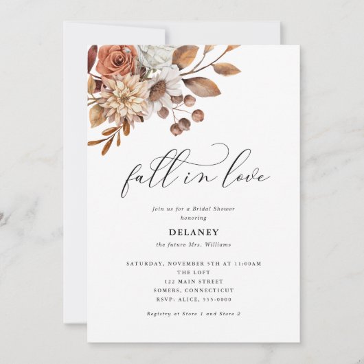 秋の素朴フローラ、秋インラブブライダルシャワー 招待状 (正面)