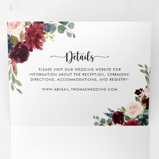 秋の素朴ブルゴーニュの書結婚道 三つ折り招待状 (内部最初)