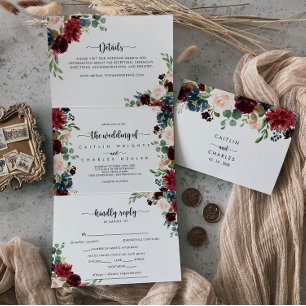 秋の素朴ブルゴーニュの書結婚道 三つ折り招待状