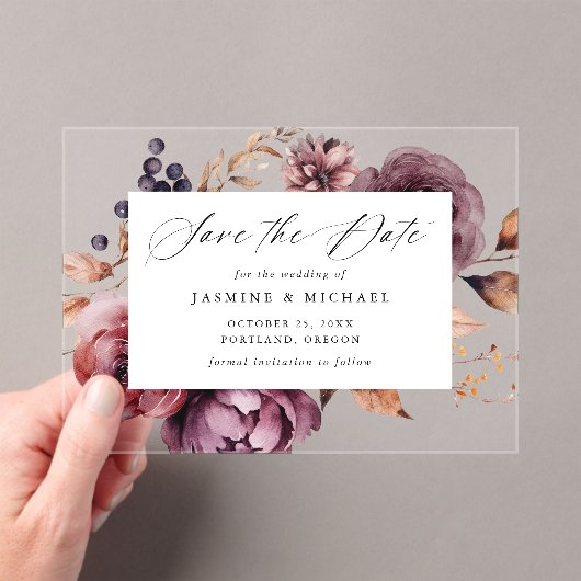 秋の素朴マルサラフローラ結婚式の日付を保存 アクリル招待状 (インサイチュ (ポータブル))