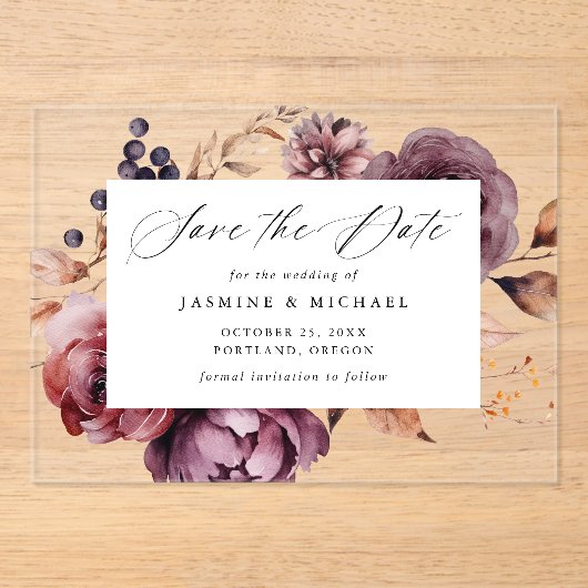 秋の素朴マルサラフローラ結婚式の日付を保存 アクリル招待状 (正面)