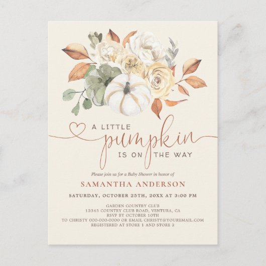 秋の素朴小さなかぼちゃの赤ちゃんシャワー ポストカード (正面)