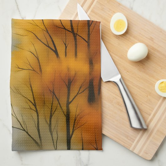 秋の素朴森 – 秋の水彩 キッチンタオル (四つ折り)