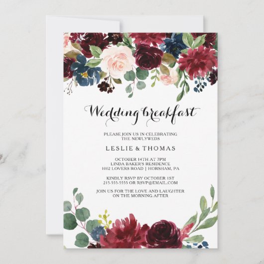 秋の素朴目まいブルゴーニュ結婚ーズブレックファースト 招待状 (正面)