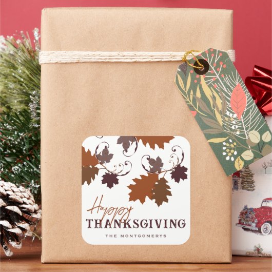 秋の素朴秋オーク葉ズハッピーサンクスギビング スクエアシール (クリスマス)