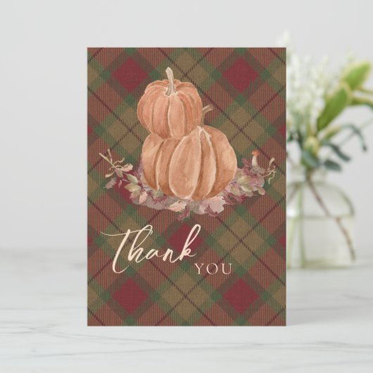 秋の素朴秋パンプキンプレイドサンキューカード 招待状 (スタンド正面)