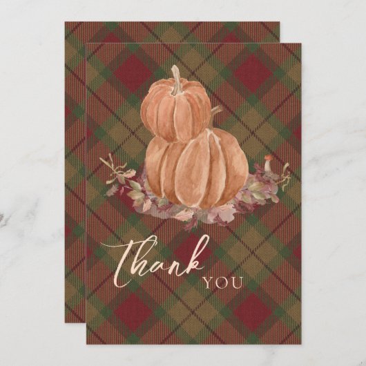 秋の素朴秋パンプキンプレイドサンキューカード 招待状 (正面/裏面)