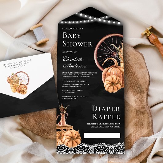 秋の素朴秋ボホパンプキンブラックベビーシャワー オールインワン招待状