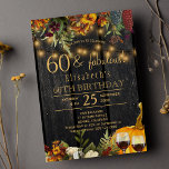 秋の素朴秋任意の年齢のマイルストーン誕生日 招待状<br><div class="desc">60年を作る暗い茶色の秋の木の背景の上に金の輝きの光の文字列と美しい錆びたオレンジと暗いブルゴーニュ秋のの植物の花やパンプキン魅力的（任意の年齢に変更することができます）トレンディーの手書き金ゴールドタイポグラフィスクリプトと大人パーティー招待。         簡単でパーソナライズする詳細!素朴な田舎の農家伝統的スタイル屋外の裏庭の家族や友人のお祝いに適している。</div>