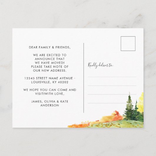 秋の素朴秋森の森の引っ越しました移動 案内ポストカード (裏面)