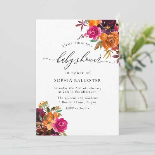 秋の素朴秋水の色のフローラ赤ちゃんシャワー 招待状 (スタンド正面)