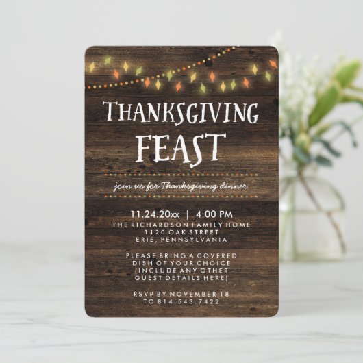 秋の素朴糸の灯りと木の感謝祭 招待状 (スタンド正面)