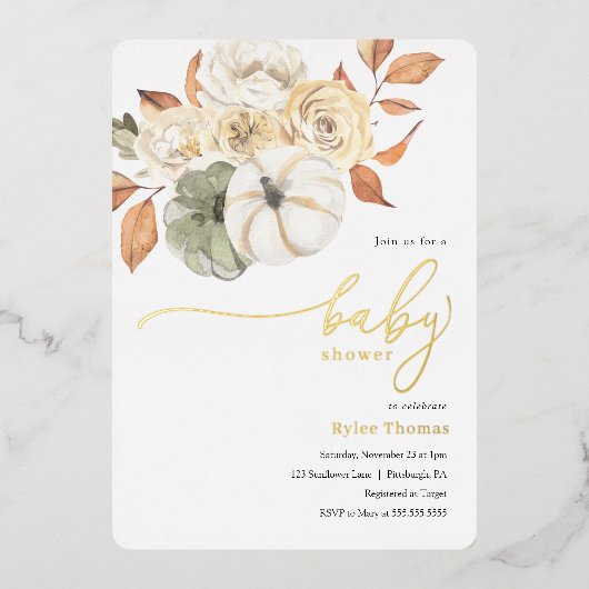 秋の素朴紅葉カボチャ秋の湾シャワー 箔招待状 (正面)