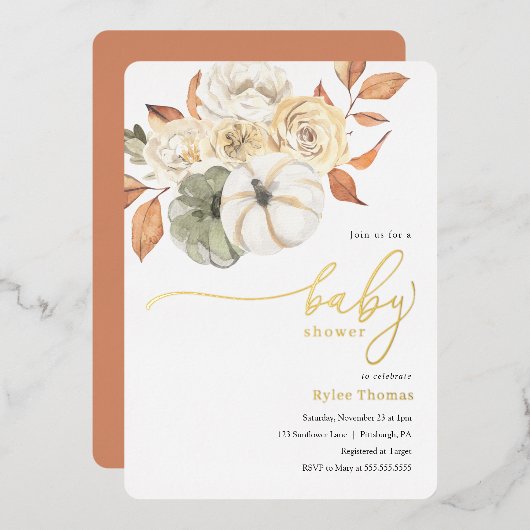 秋の素朴紅葉カボチャ秋の湾シャワー 箔招待状 (正面/裏面)