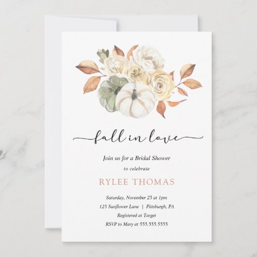 秋の素朴紅葉カボチャ秋ブライダルシャワー 招待状 (正面)