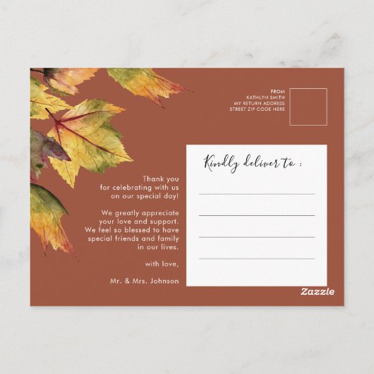 秋の素朴紅葉秋の結婚式写真ありがとう ポストカード (裏面)
