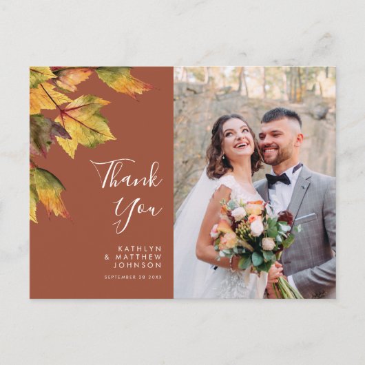 秋の素朴紅葉秋の結婚式写真ありがとう ポストカード (正面)