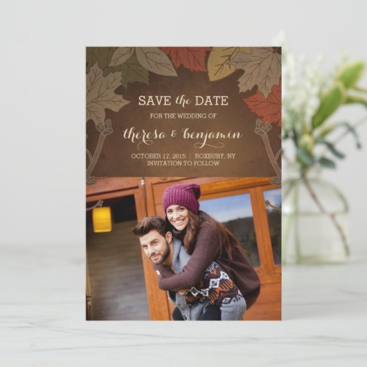 秋の素朴結婚式の日付カードを保存 セーブザデート (スタンド正面)