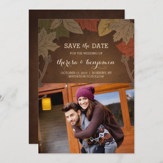 秋の素朴結婚式の日付カードを保存 セーブザデート (正面/裏面)