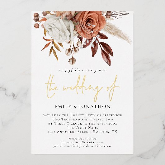 秋の素朴花模様テラ結婚コッタズグラム実在 箔招待状 (正面)