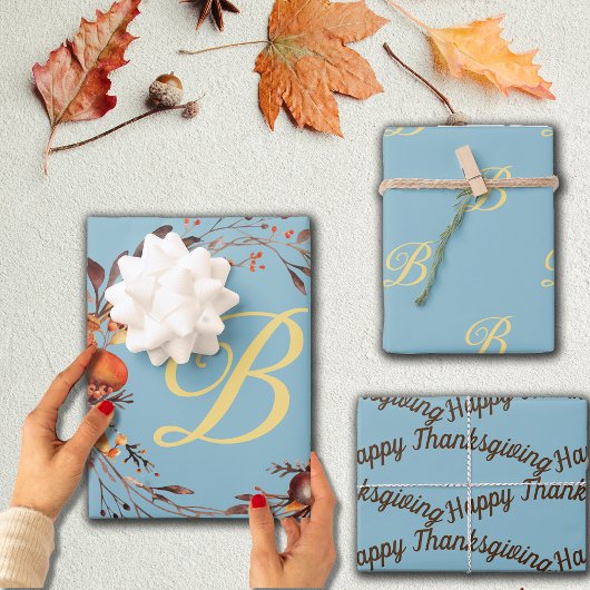 秋の素朴花模様モノグラムカスタムイニシャル ラッピングペーパーシート