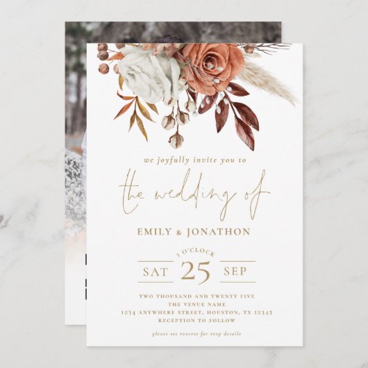 秋の素朴花模様金ゴールド文字QR結婚 招待状 (正面/裏面)