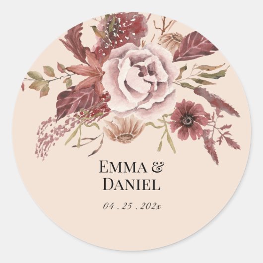 秋の素朴開花ライトベージュウォーター色 ラウンドシール (正面)