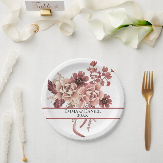 秋の素朴開花白い背景水色 ペーパープレート (ウェディング)