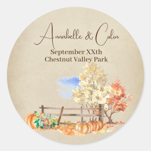 秋の素朴風景の木とカボチャの羊飼い ラウンドシール (正面)