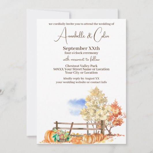 秋の素朴風景樹とカボチャ 招待状 (正面)