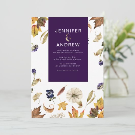 秋の紫の葉とフローラ結婚 招待状 (スタンド正面)