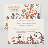 秋の紫オレンジ花柄結婚式の出欠確認返信 出欠カード (正面/裏面)