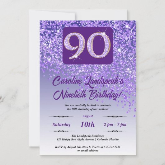 秋の紫グリッター90th誕生日パーティー 招待状 (正面)